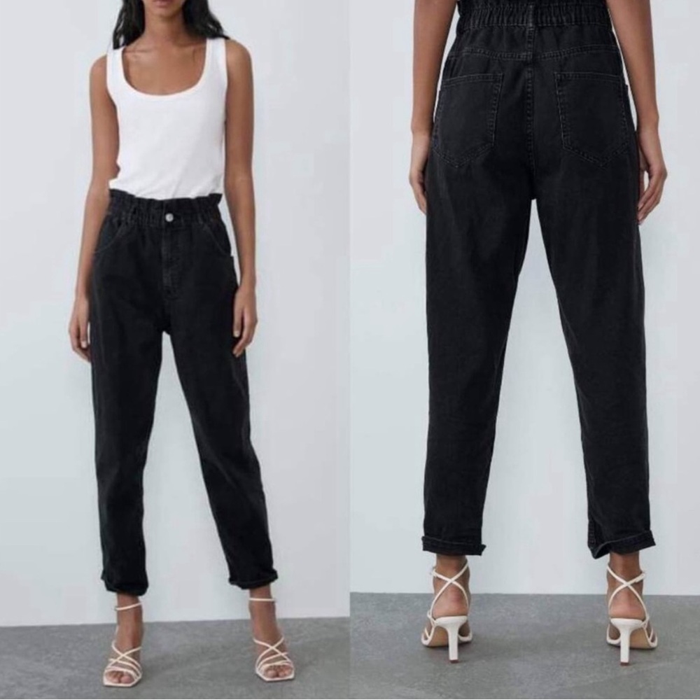 Zara Women's High Rise Paperbag Denim Jeans - Faded Black